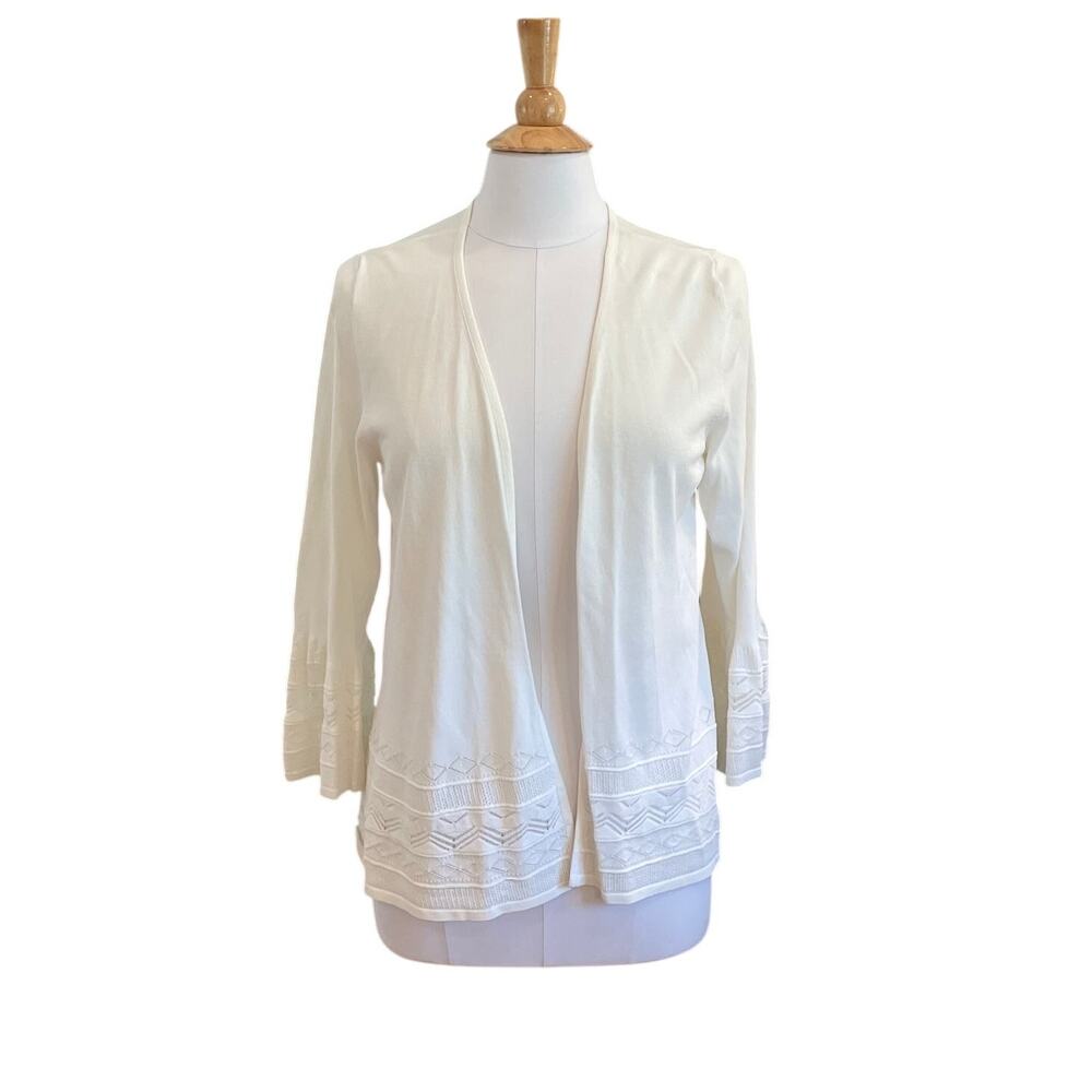 Charter Club Ivory Open Front Cardigan, Bell Sleeve, Pointelle Trim, Coquette, L